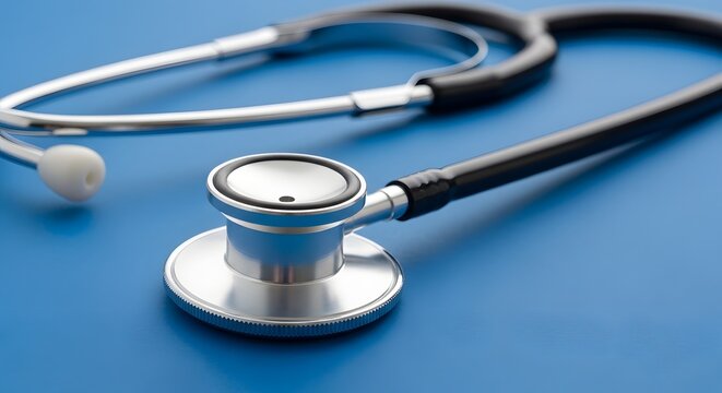 Stethoscope lying on a blue surface with its chest piece and tubing visible