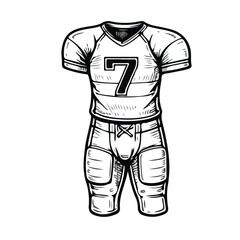 Hand-drawn American football jersey number 7 illustration in black and white sketch style isolated on white background.
