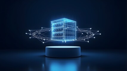 Minimalist Corporate Studio Scene with Luminous Virtual Storage Cube Above Glass Pedestal