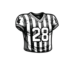 Hand-drawn American football jersey illustration in black and white sketch style isolated on white.
