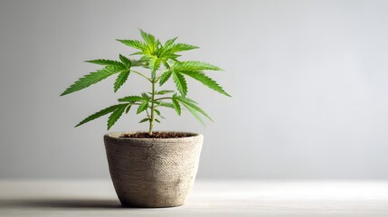 Fototapeta premium Young Green Cannabis Plant Growing in a Ceramic Pot Isolated