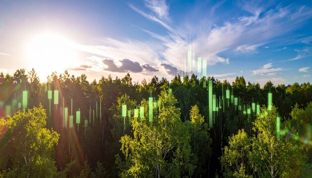 Forest Growth and Financial Charts: An aerial view of a lush green forest bathed in sunlight, with superimposed digital charts indicating growth and progress amidst the trees.
