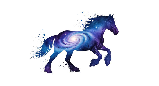 watercolor illustration of a powerful draft horse galloping, its silhouette filled with a vibrant blue and purple galaxy texture, isolated on a transparent background with copy space. Concept of