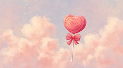 Heart-Shaped Candy Lollipop Against Soft Pink Clouds in Sky