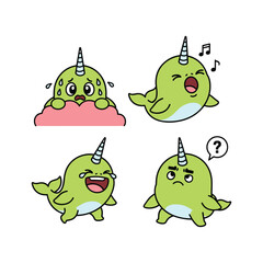 Cartoon narwhal characters expressing different emotions with copy space © MSTAKLIMA