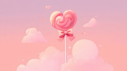 Heart-Shaped Lollipop Surrounded by Soft Clouds and Pastel Sky