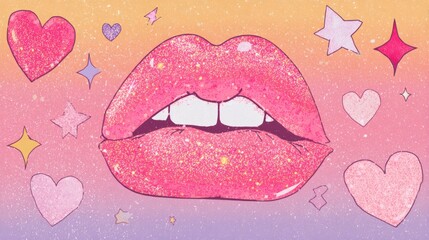 Colorful Glittery Lips with Stars and Hearts in Vibrant Background