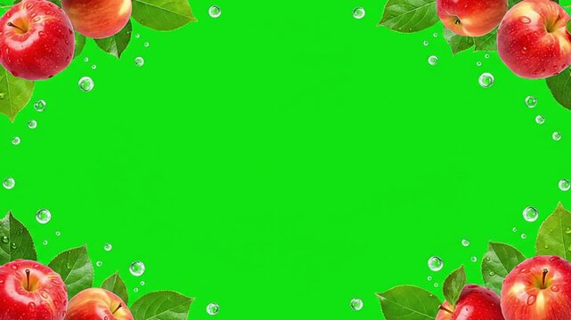 Fresh Apples and Leaves Border with Water Droplets on Green Background from Overhead Viewpoint
