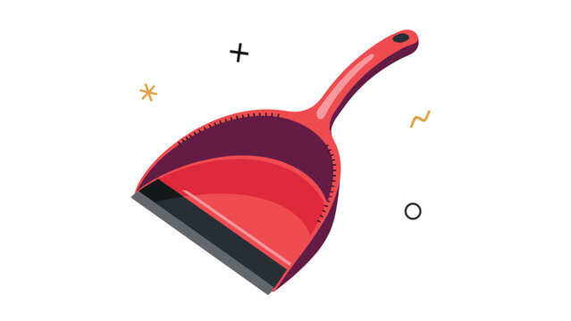 Red plastic dustpan with a black rubber edge and a handle shown in a simple vector illustration with abstract shapes.