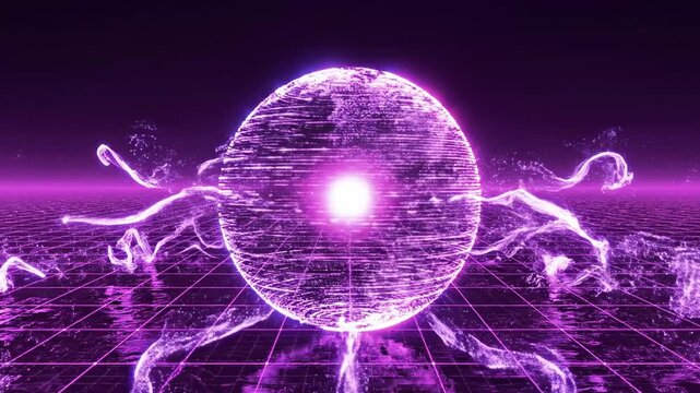 A neon-lit, futuristic graphic of a sphere with glowing purple lines and grid pattern