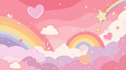 Colorful Dreamy Cloud Background with Hearts and Rainbow Elements