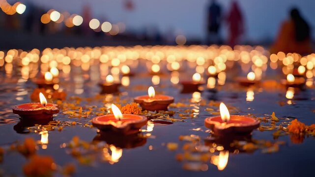 Traditional Clay Diyas Floating on Water during Festival