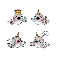 Crying narwhal cartoon character with crown expressing emotions and reactions © MSTAKLIM