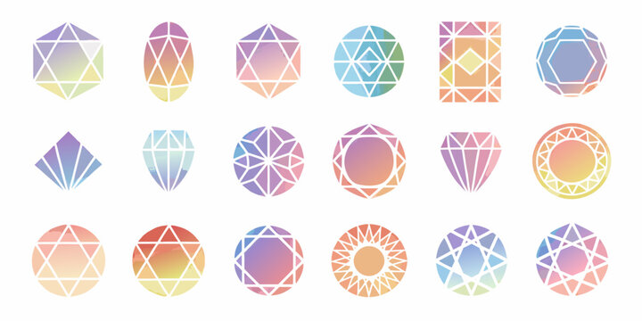 Colorful geometric shapes arranged in rows resembling jewels or crystals