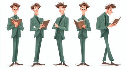 Cartoon Character in Stylish Suit Reading Books and Posing