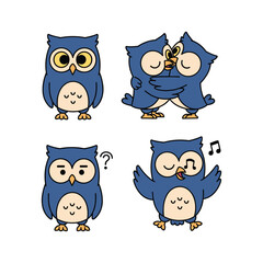 Cartoon blue owls expressing different emotions and actions in a playful style