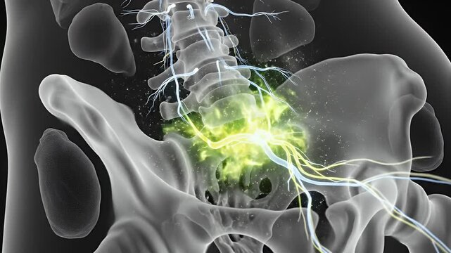 Abstract illustration of lumbar spine and pelvis with glowing nerves representing pain or electrical activity