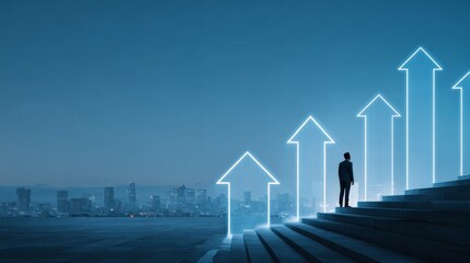 Businessman Observing Growth Arrows Against Urban Skyline at Dusk