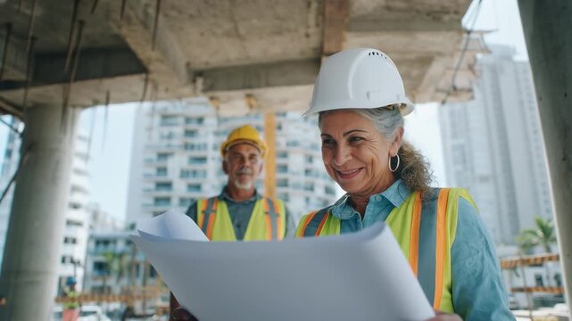 Experienced construction team reviewing blueprints on a modern building site. Female architect leads, senior colleagues collaborate. Safety first! High-visibility vests, hardhats.
