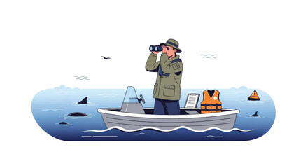 Marine Scientist Monitoring Ocean Wildlife from Small Research Boat