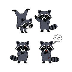 Obraz premium Cartoon raccoons showing emotions and actions on white background