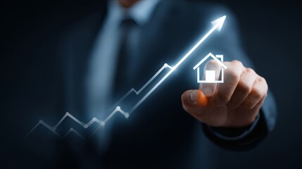 Businessman Illustrating Real Estate Growth with Graph and Icon