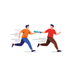 Obraz premium Two runners in casual wear passing a blue baton in a relay race representing teamwork and seamless business transition.