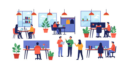 Productive open-plan office environment with diverse employees working, collaborating, and communicating. Modern flat vector illustration