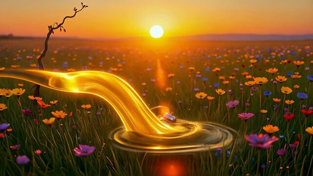 Sunset meadow fantasy glowing water swirl golden light stream with surreal landscape melting clock time concept dreamy sky vibrant wildflower field