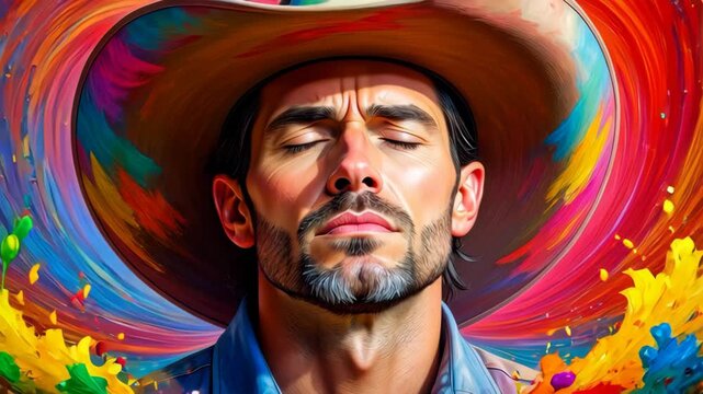 Man in Cowboy Hat with Colorful Abstract Background