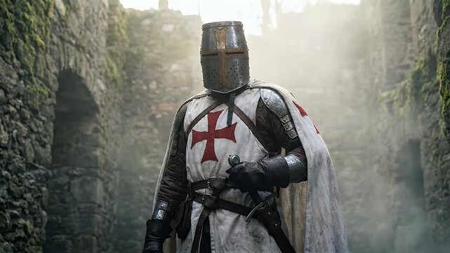 Armored Templar Knight Standing Solemnly Within Ancient Historic Castle Ruins