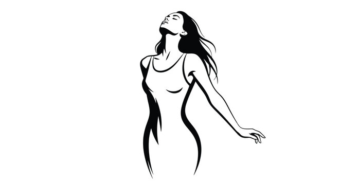 Elegant Woman Silhouette with Flowing Hair and Uplifted Face.