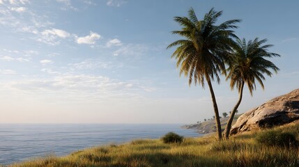 Obraz premium Vast ocean view from a serene tropical coastline with palm trees