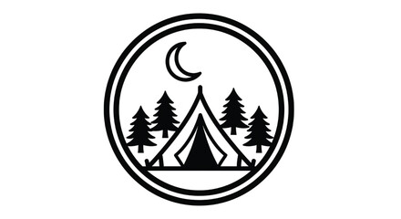 Camping badge icon showing tent in pine forest under crescent moon, minimalist outdoor adventure emblem in black and white featuring camp, campsite, teepee with conifer and wilderness elements for © Beckham 