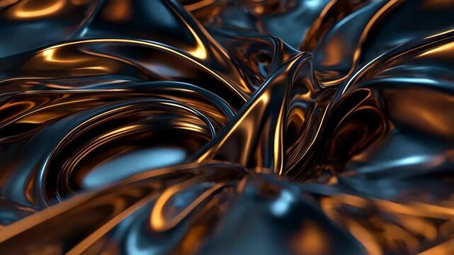 Abstract liquid metal sculpture with swirling iridescent curves and metallic sheen