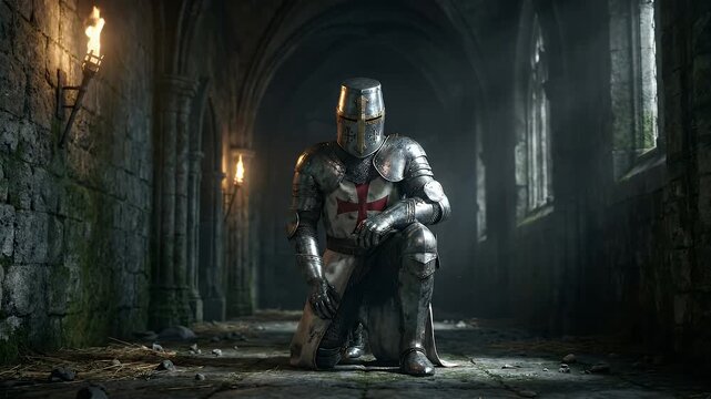 Valiant Armored Templar Knight Kneeling In A Dark Medieval Castle Hallway