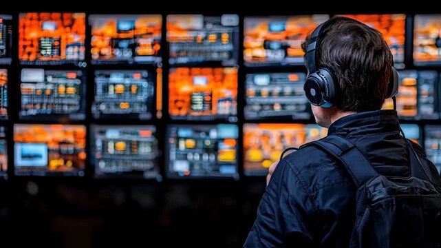 A focused individual wearing headphones monitors multiple screens displaying data and visuals in a control room