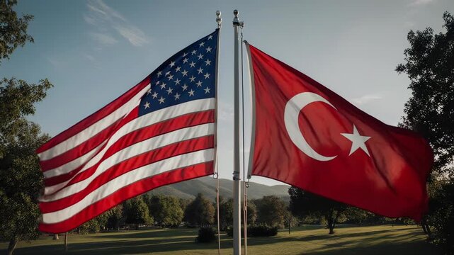 "Two national flags waving side by side in a scenic outdoor setting with trees and mountains in the background, the United States flag with stars and stripes and the Turkish flag with a crescent and s