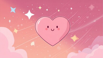 Cute Cartoon Heart Character with Sparkles and Pink Background