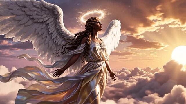 Heavenly Angel with Glowing Halo and Sunset Clouds