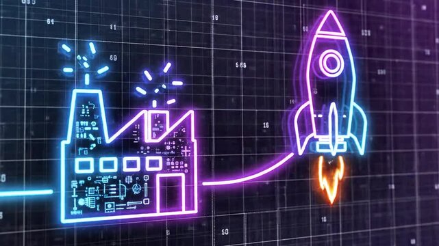 A neon-lit factory icon with circuits and smoke, surrounded by a grid and line graph elements, in blue and purple hues