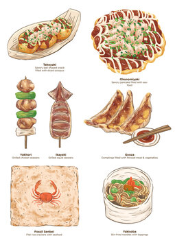 set of various Japanese street food