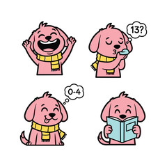Fototapeta premium Cartoon dog reading book with thought bubbles in different emotions