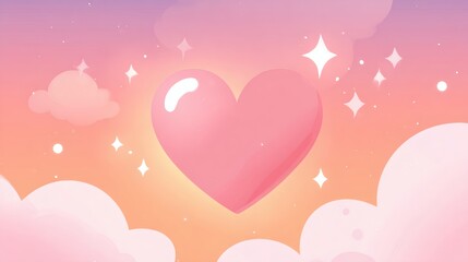 Dreamy Pink Heart Surrounded by Clouds and Sparkles in Soft Pastel