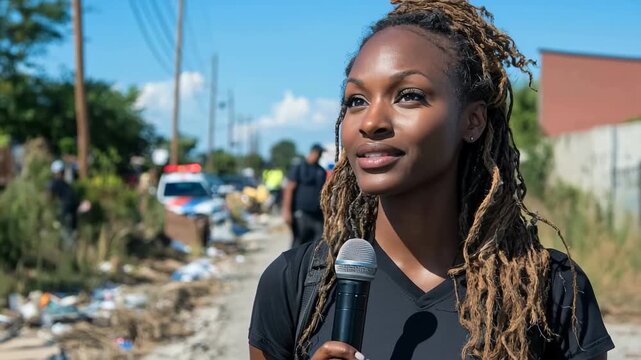 Young black female correspondent speaking into a microphone from a street devastated by a flood