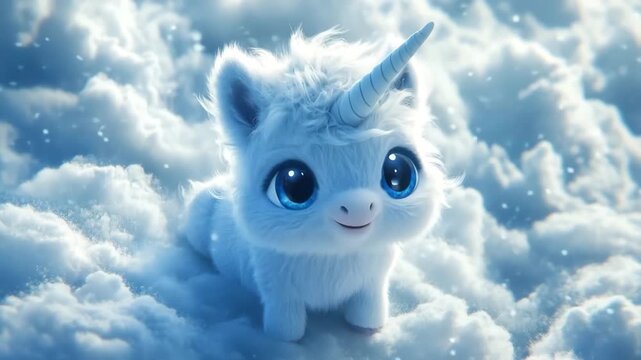 Cute animated white unicorn with big blue eyes sitting in a winter wonderland of soft snow
