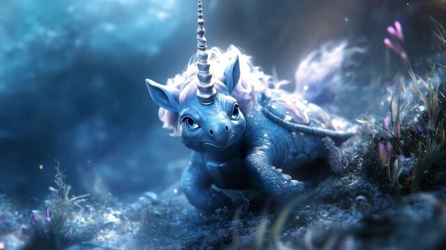 Whimsical blue turtle with a unicorn horn moving slowly through an enchanted, glowing landscape