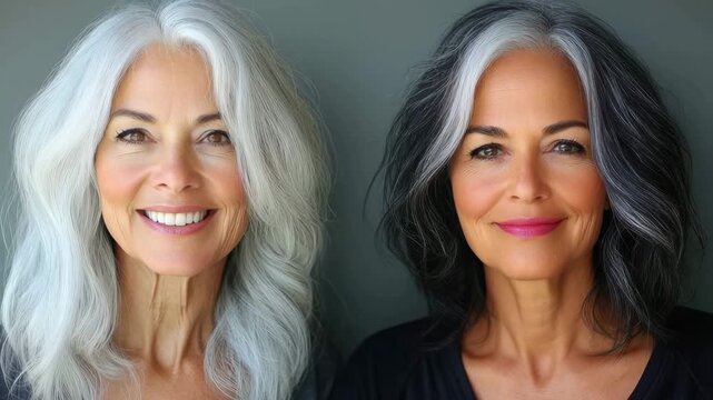 Split-screen portrait of a senior woman showing her natural gray hair and a dyed hairstyle
