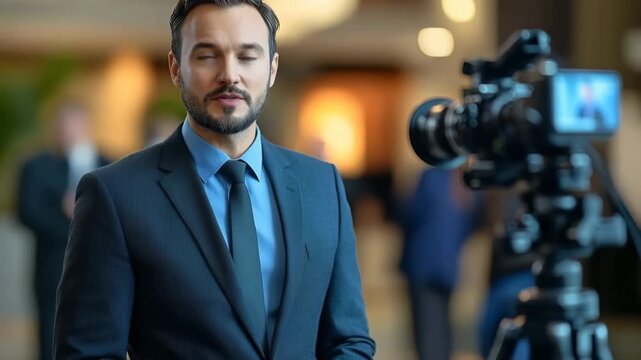 Confident male reporter speaking into a camera during a live broadcast from a busy public event