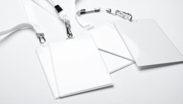 "Three blank white ID badges with lanyards on clean surface"